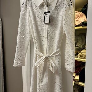 GUIPURE LACE SHIRT DRESS WITH WAIST TIE IN WHITE
